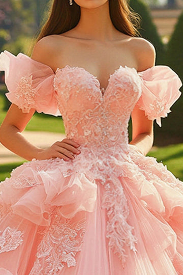 Pink Tulle Ball Gown Princess Long Quinceanera Dress with Ruffles